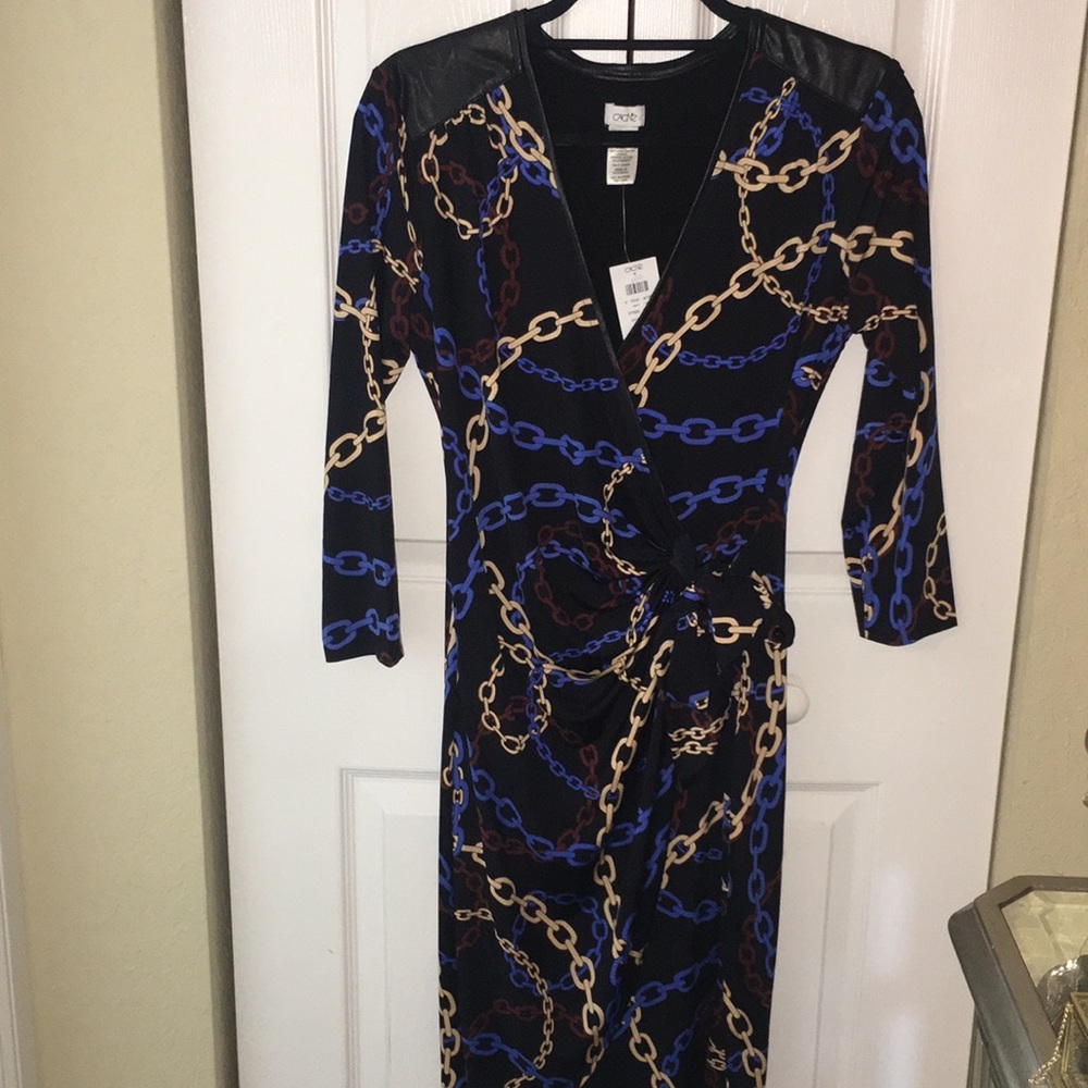 Blue/gold/brown chainlink leather shoulder dress